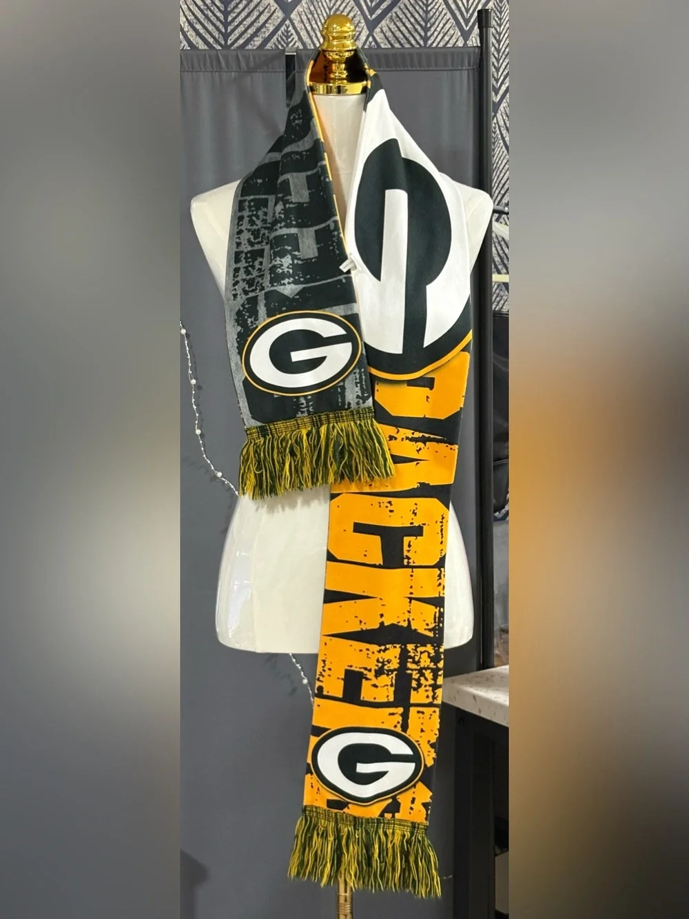 RARE Vintage Green Bay Packers FOCO Polyester Sublimated Split Scarf -Gray/Yell